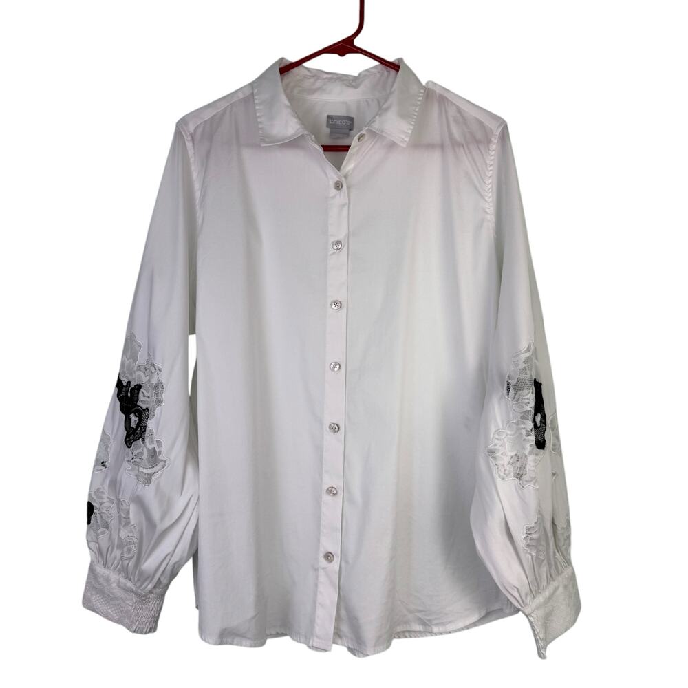 Chicos Top Women XL Ballon Lace Floral Sleeve White Office Wear Causal Relax Fit